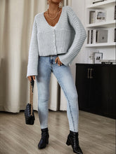 Suede Wool Long Sleeves V Neck Buttons Up Sea Blue Short Knit Open Cardigan